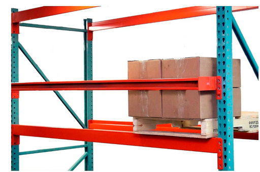 Red and blue metal shelving unit with cardboard boxes on a white background