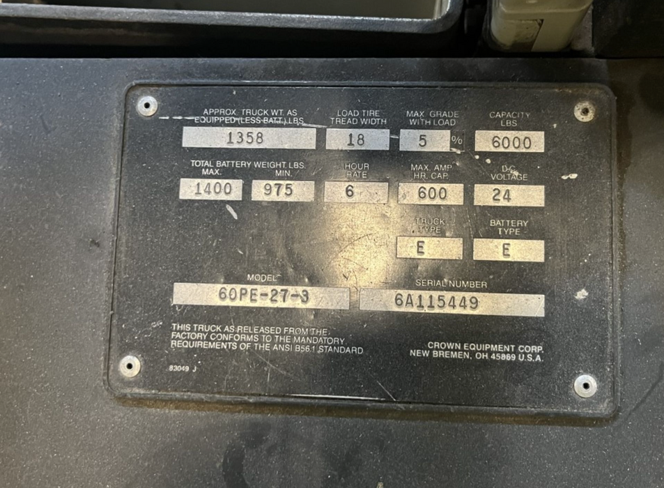 Crown 60PE-27-3 Electric Pallet Jack Forklift, Cap. 6000 lbs