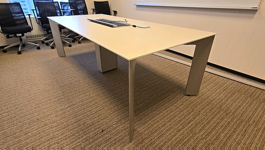 Steelcase Table 96" x 42" White Laminate Conference Office Executive Table With Metal Base and Central Power Bank