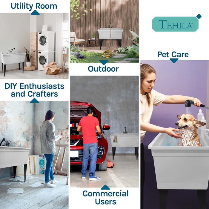 Tehila Freestanding Double-Wide White Utility Sink with Steel Legs & Black Pull-Out Faucet, Multi-Purpose Heavy-Duty Laundry Tub and Kitchen Sink for Homes & Business