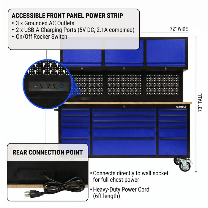 72 inch Rolling Tool Chest with Light & Power Strips, Workbench, Upper Cabinets & Pegboard