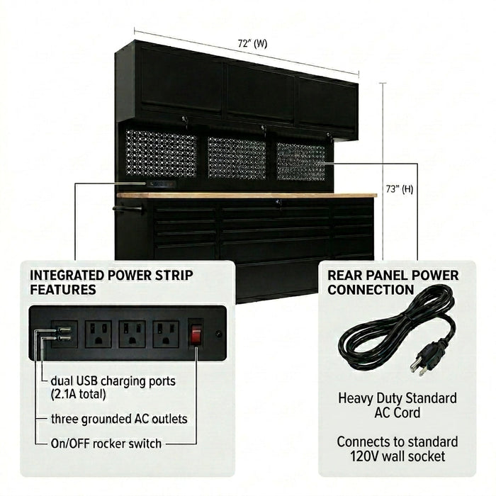 72 inch Rolling Tool Chest with Light & Power Strips, Workbench, Upper Cabinets & Pegboard