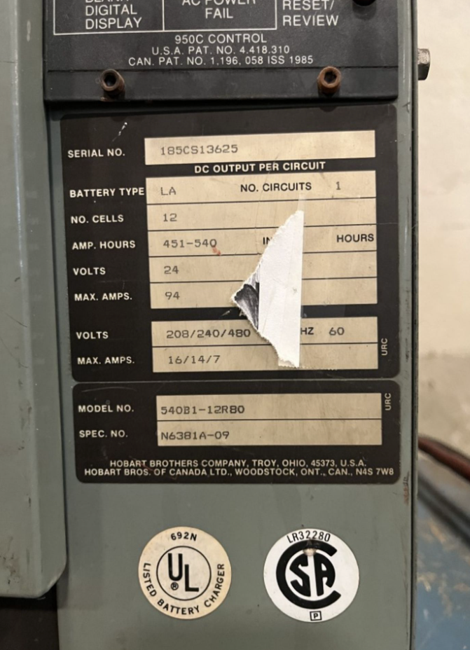 Hobart Battery Charger Model 540B1-12RB0, Forklift Battery Charger, Used