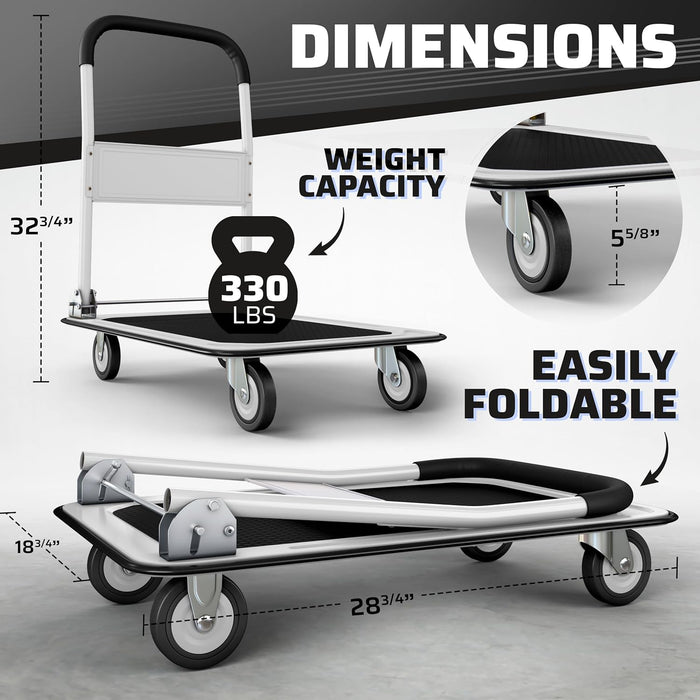 Heavy-Duty Collapsible Push Cart Dolly - 330 lbs Capacity, Foldable Flatbed Hand Truck with Swivel Handle